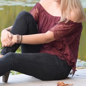 maroon lace off the shoulder shirt